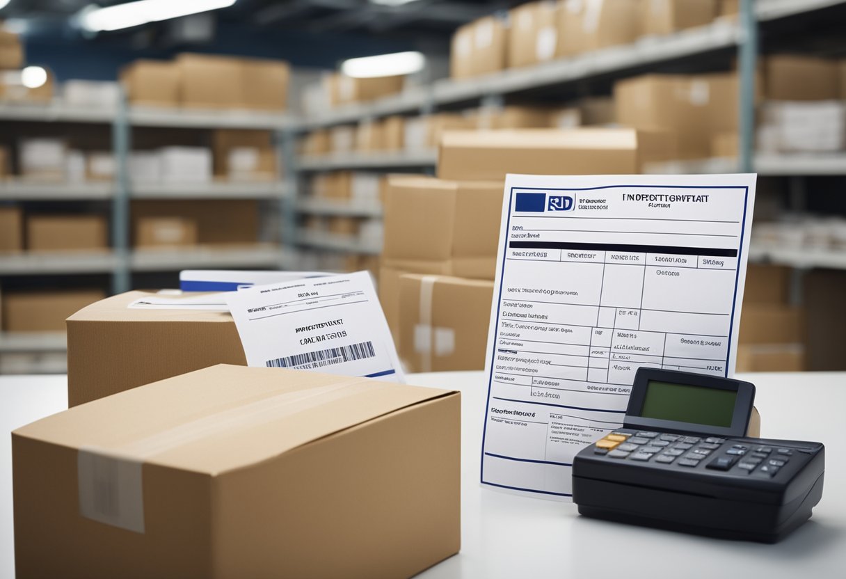 Um pacote está em uma mesa, cercado por formulários de alfândega e um recibo de imposto de importação. O relógio na parede mostra a passagem do tempo.