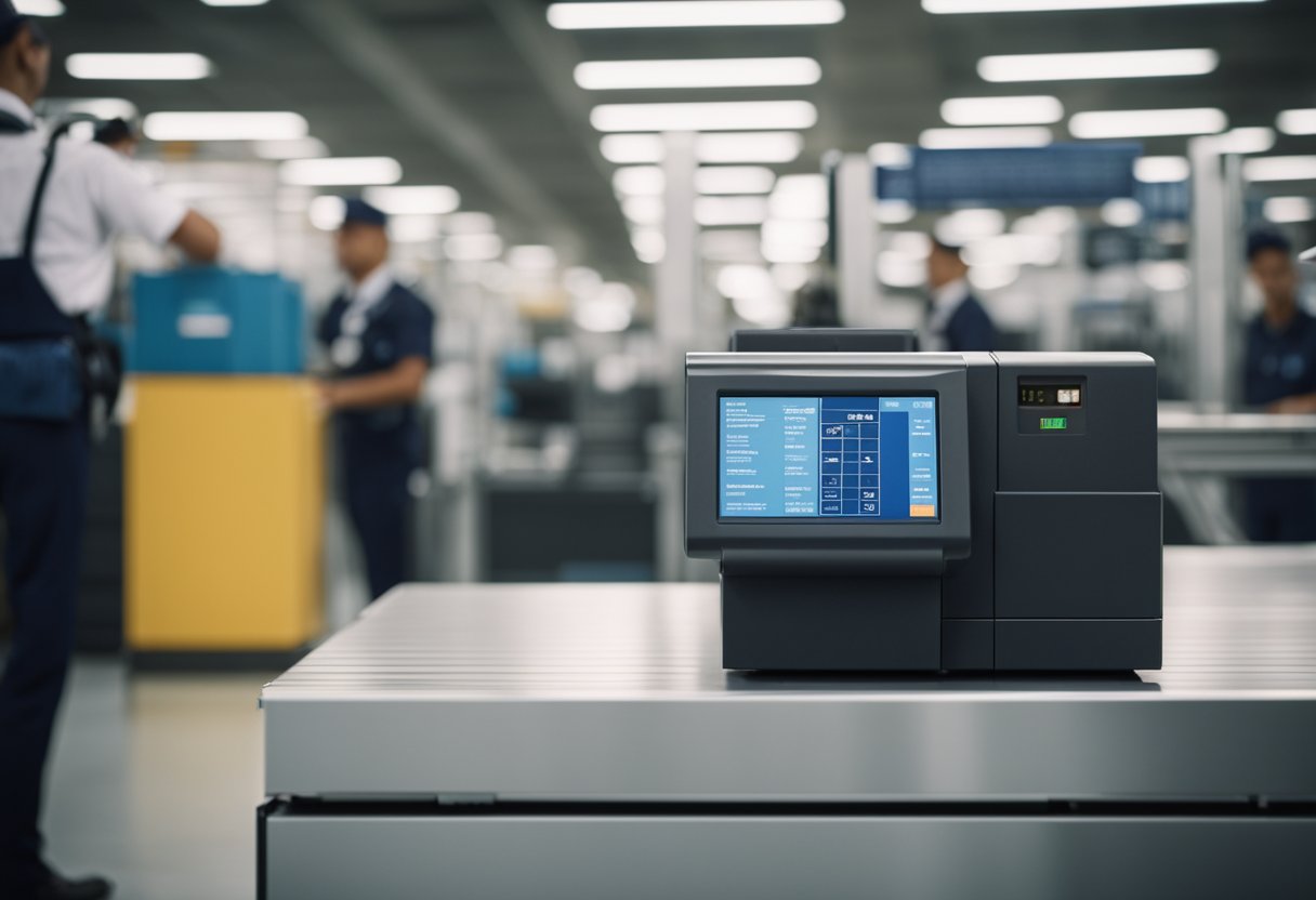 Um pacote sendo escaneado em um ponto de verificação de alfândega, com um cronômetro ao fundo indicando a passagem do tempo após o pagamento da taxa de importação.