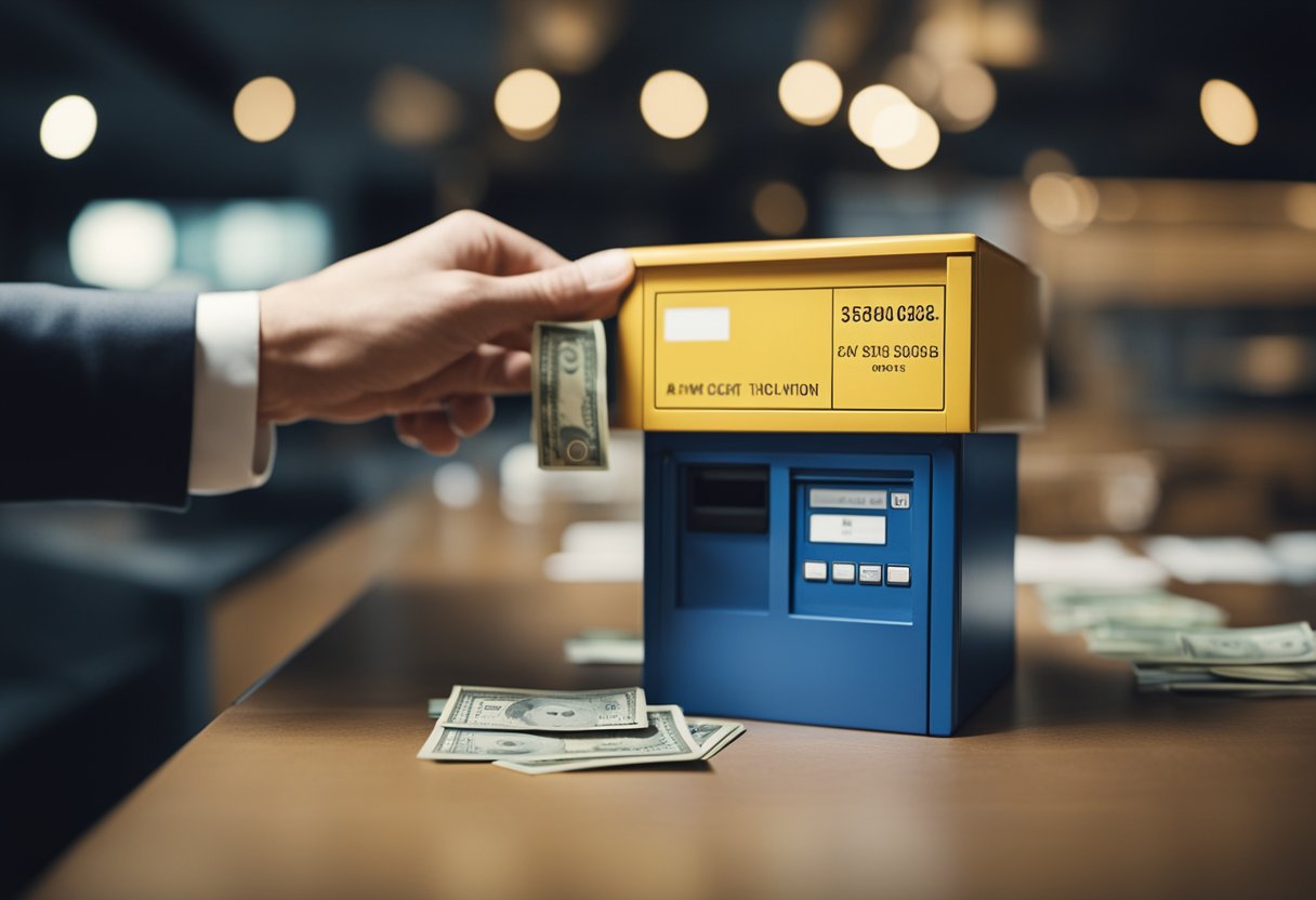 Uma pessoa faz um pagamento de imposto de importação em uma caixa de coleta designada.