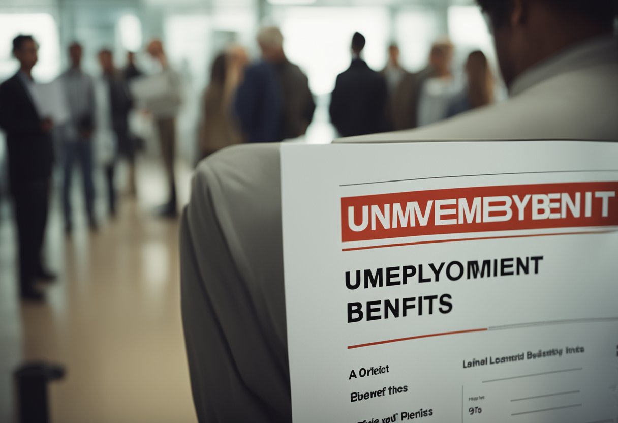 Uma pessoa esperando na fila em um escritório do governo, cercada por outras, com uma placa acima indicando "Benefícios de Desemprego."