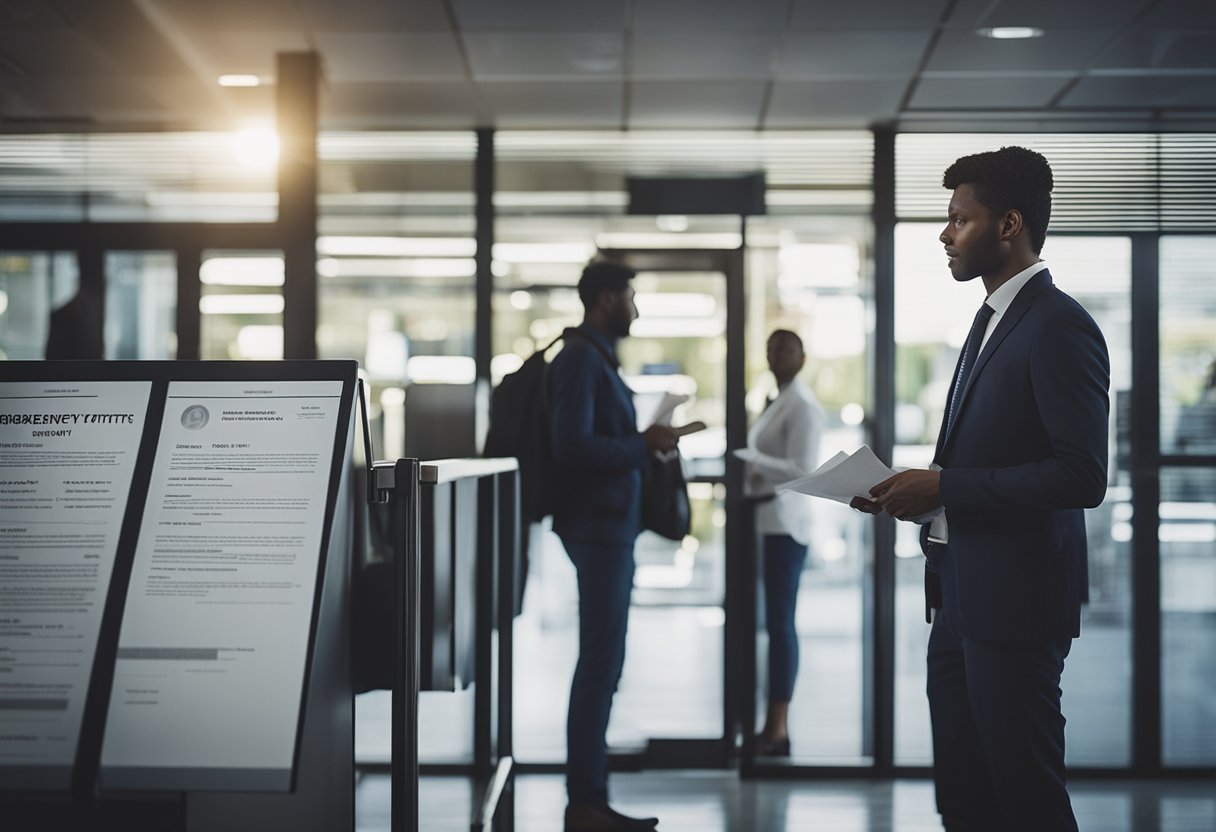 Uma pessoa esperando na fila em um escritório do governo, segurando documentos e olhando para um cartaz com os critérios de elegibilidade para benefícios de desemprego.