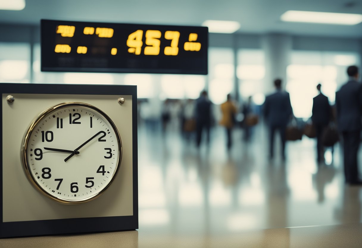 Uma pessoa esperando na fila em um escritório do governo, com uma placa exibindo "Prazos de Carência para Novas Solicitações" e um relógio mostrando a passagem do tempo.
