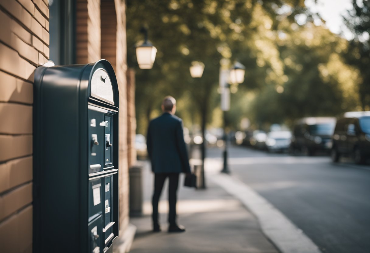 Uma pessoa esperando ao lado de uma caixa de correio, olhando expectante para o correio