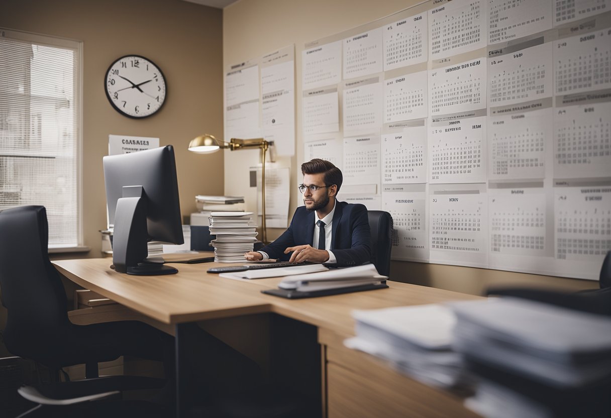 Uma figura sentada em uma mesa, cercada por papéis e um computador, com um calendário na parede mostrando a passagem do tempo.