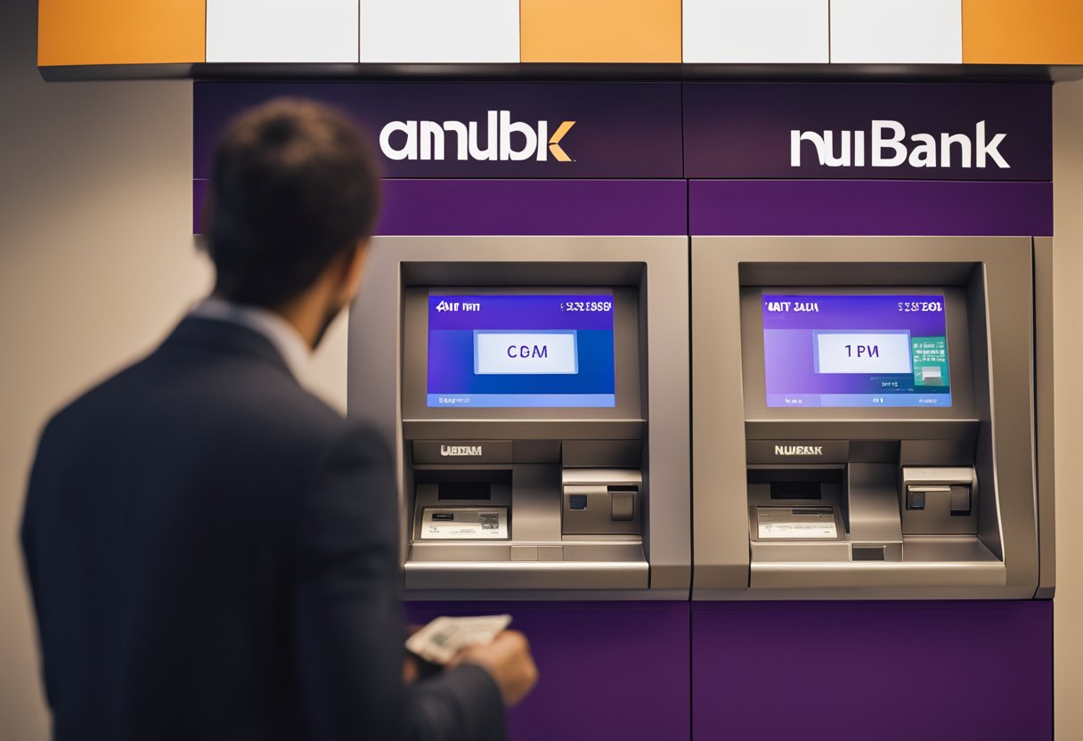 Uma pessoa está em frente a um caixa eletrônico de banco, inserindo dinheiro na máquina para depositar na sua conta do Nubank.