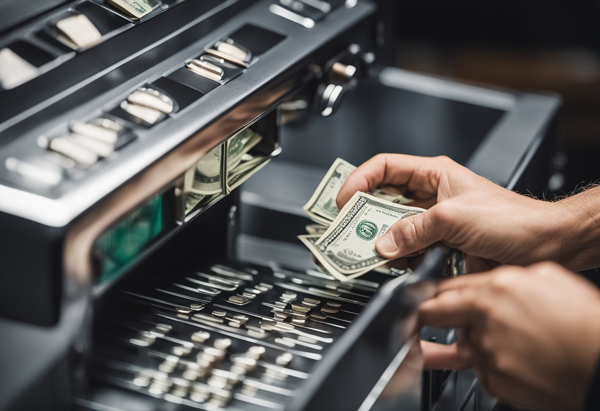 Uma mão coloca dinheiro em uma fenda enquanto outra mão o retira de um fundo falso