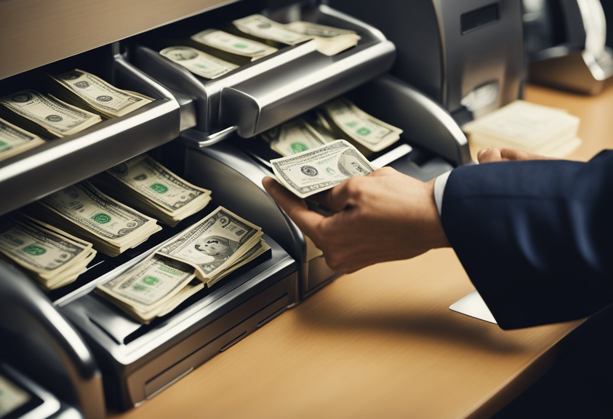 Uma pessoa deposita dinheiro em um banco, apenas para perceber que foi enganada em um esquema fraudulento.