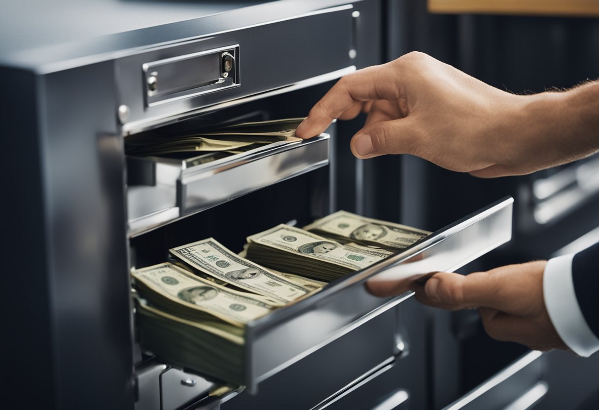 Uma mão colocando dinheiro em uma caixa de depósito seguro, enquanto outra mão secretamente retira o dinheiro de um compartimento diferente.
