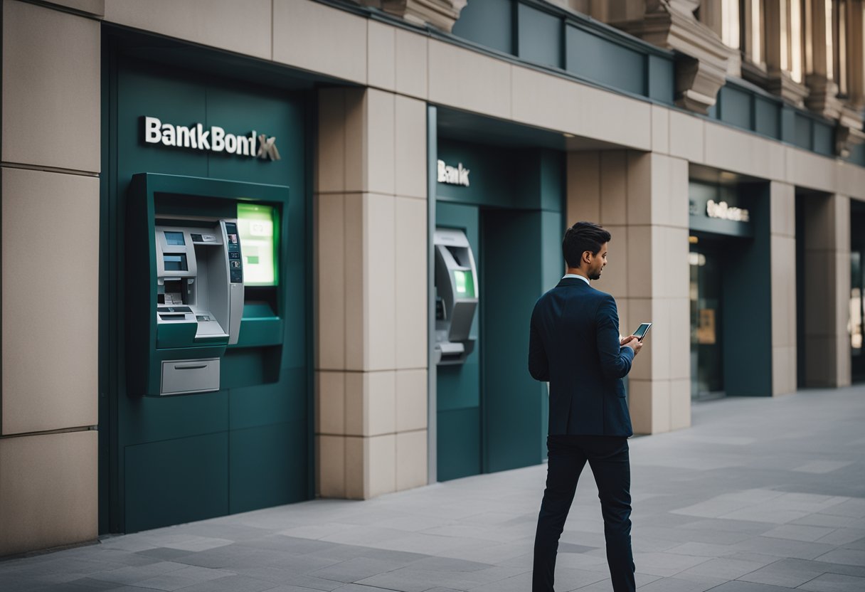 Uma pessoa em pé em um caixa eletrônico, parecendo confusa enquanto verifica seu telefone e a tela do caixa eletrônico, com um prédio de banco ao fundo.