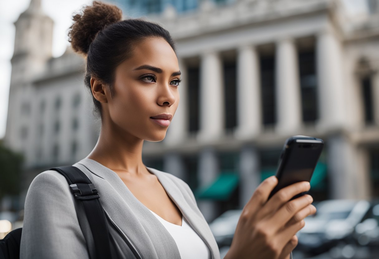 Uma pessoa segurando um recibo e olhando para um smartphone com uma expressão confusa, enquanto um prédio de banco é visível ao fundo.