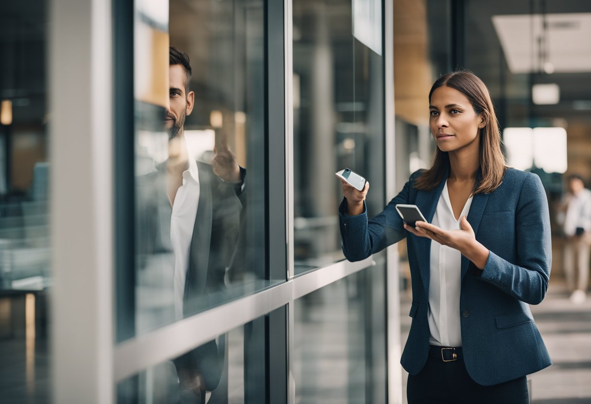 Uma pessoa em pé em frente a uma janela de caixa de banco, parecendo frustrada enquanto gesticula em direção ao seu telefone, indicando um problema com um depósito que não aparece em sua conta.
