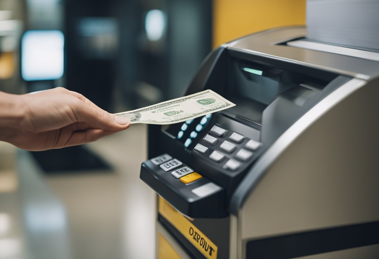 Uma mão deixando um cheque em branco em uma fenda de depósito bancário