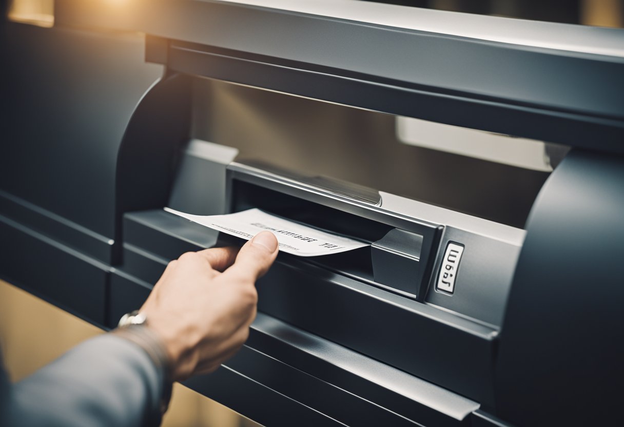 Um cheque sendo colocado em uma fenda de depósito sem um nome escrito nele