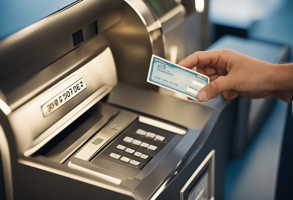 Uma mão colocando um cheque em branco na fenda de depósito de um banco