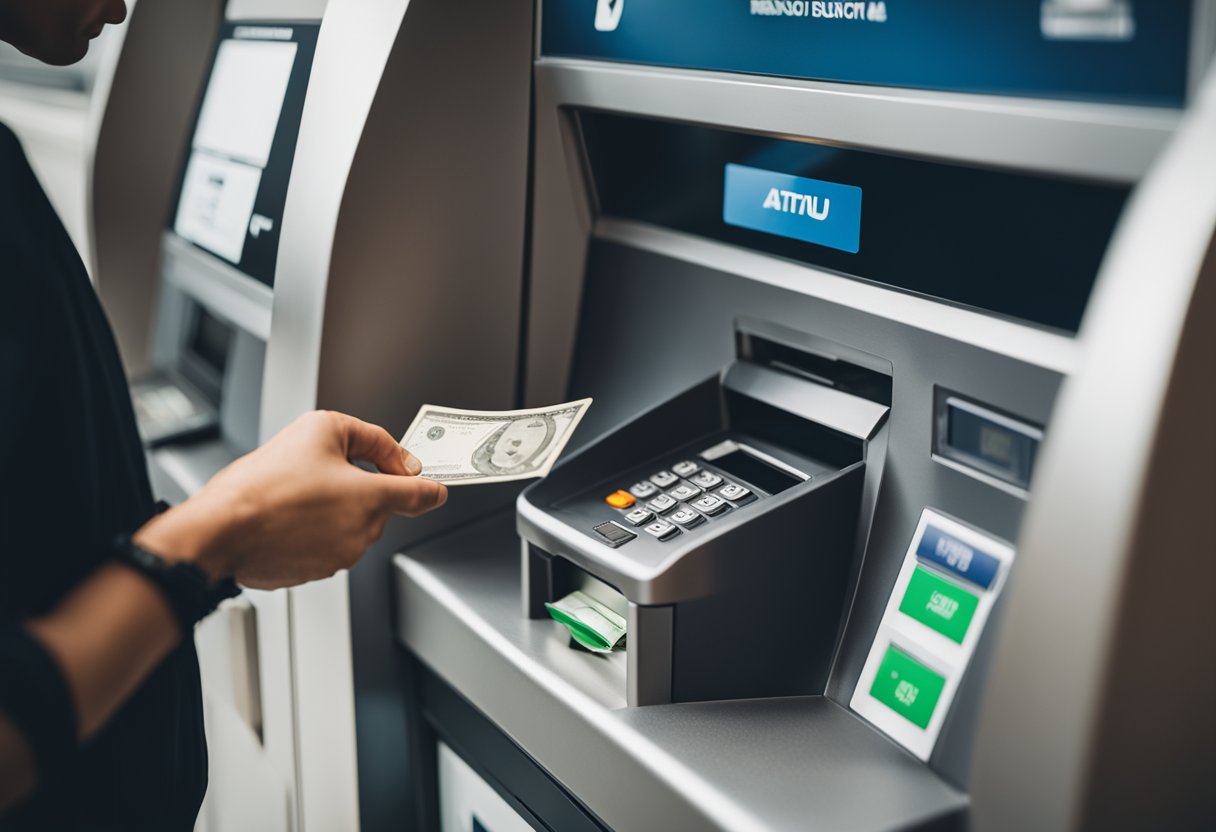 Uma cena de depósito em um caixa eletrônico do Itaú com uma pessoa inserindo um cartão e depositando dinheiro na máquina