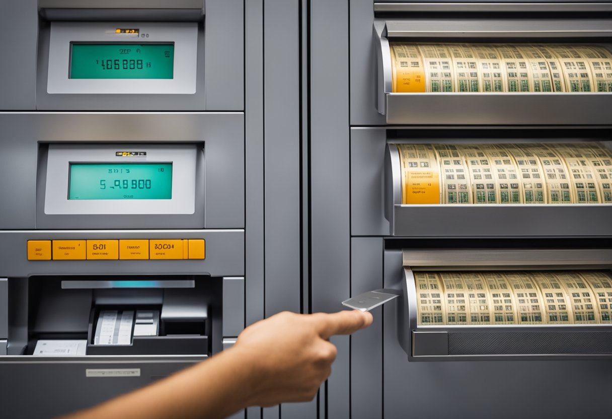 Uma pessoa insere um monte de notas na caixa eletrônica de depósito do Itaú, com a tela da máquina exibindo a confirmação do depósito.