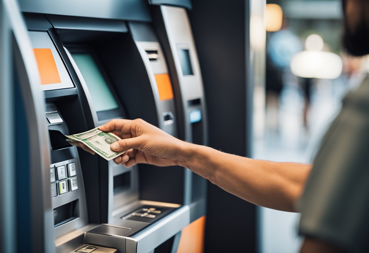 Uma pessoa usando um caixa eletrônico do Itaú para fazer um depósito, inserindo dinheiro ou um cheque na máquina e completando a transação.