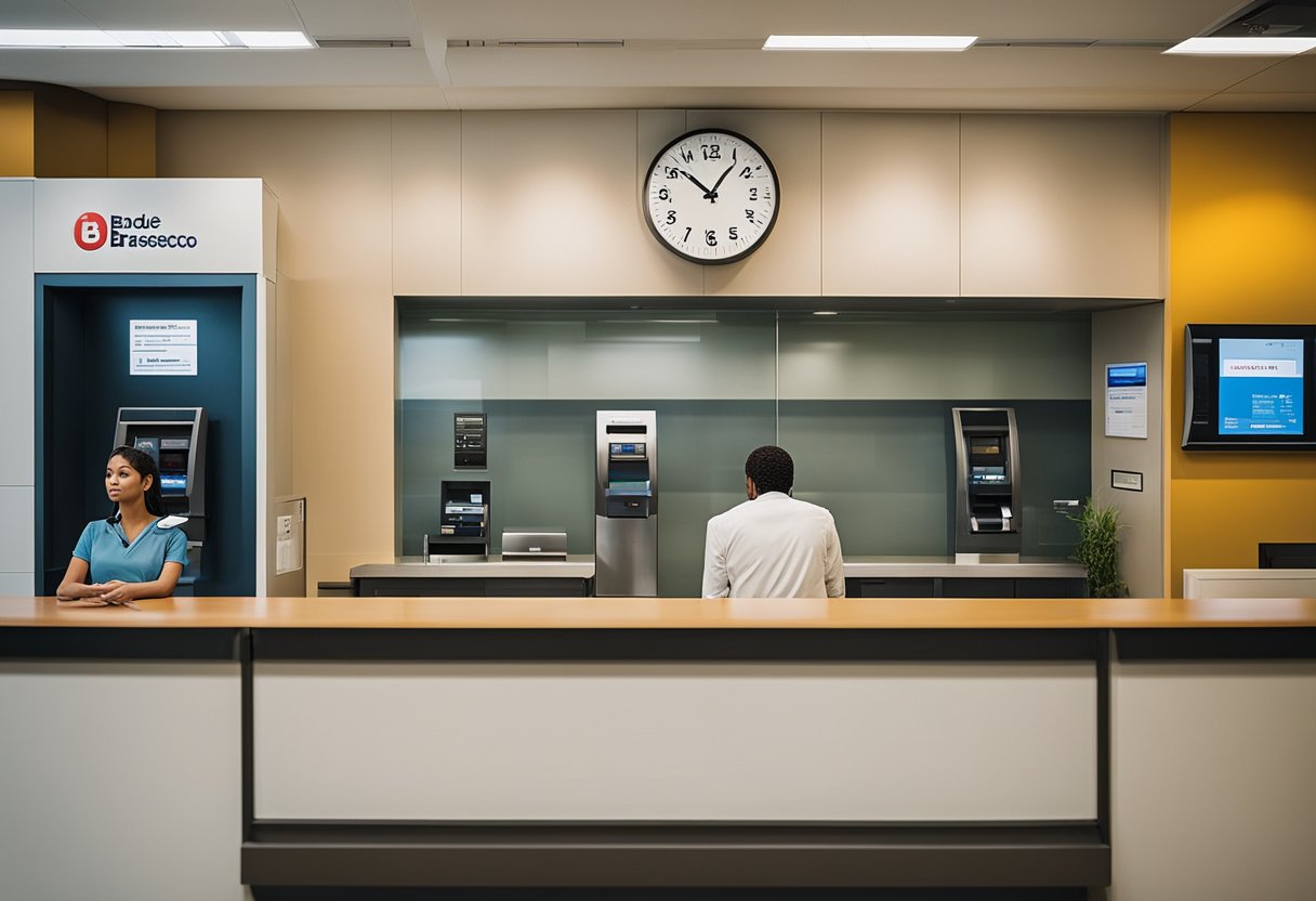 Uma pessoa espera ansiosamente enquanto seu depósito está sendo validado em uma agência do Bradesco. O relógio na parede faz tic-tac enquanto ela se pergunta quanto tempo o processo levará.