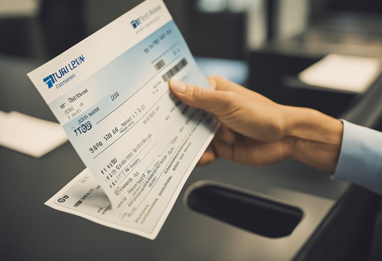 Uma pessoa entregando um cheque em um balcão de depósito identificado do Itaú