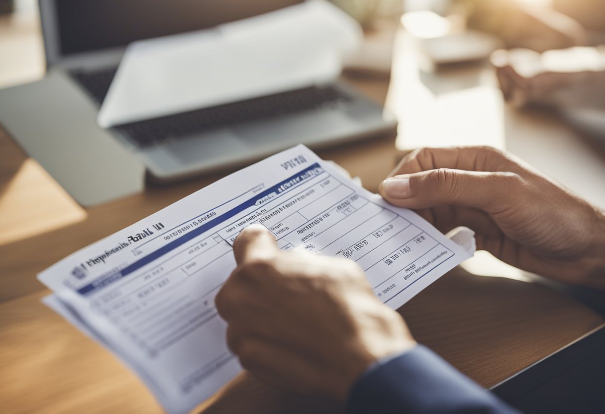 Uma pessoa segurando um cheque e preenchendo um comprovante de depósito em uma agência do banco Itaú