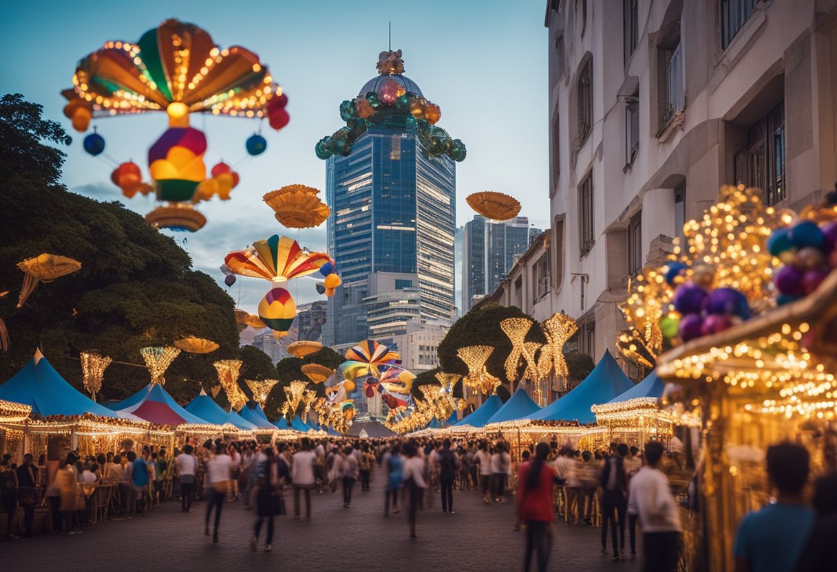 Uma cena festiva de carnaval com o edifício do Banco do Bradesco em destaque, com decorações coloridas e atividades animadas ao redor.