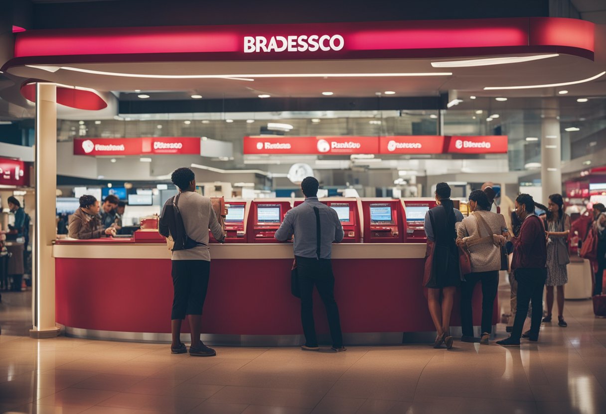 Uma agência do Bradesco movimentada com clientes depositando dinheiro durante o carnaval