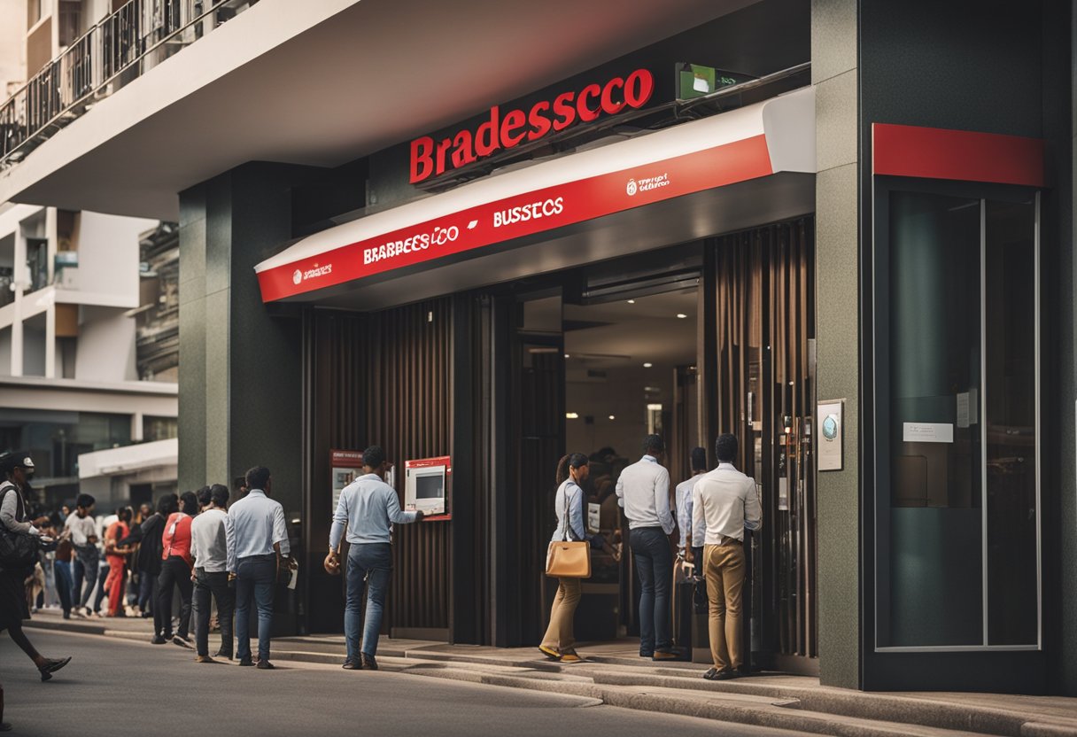 Uma agência do Bradesco movimentada com portas abertas durante o Carnaval, clientes fazendo depósitos imediatos.