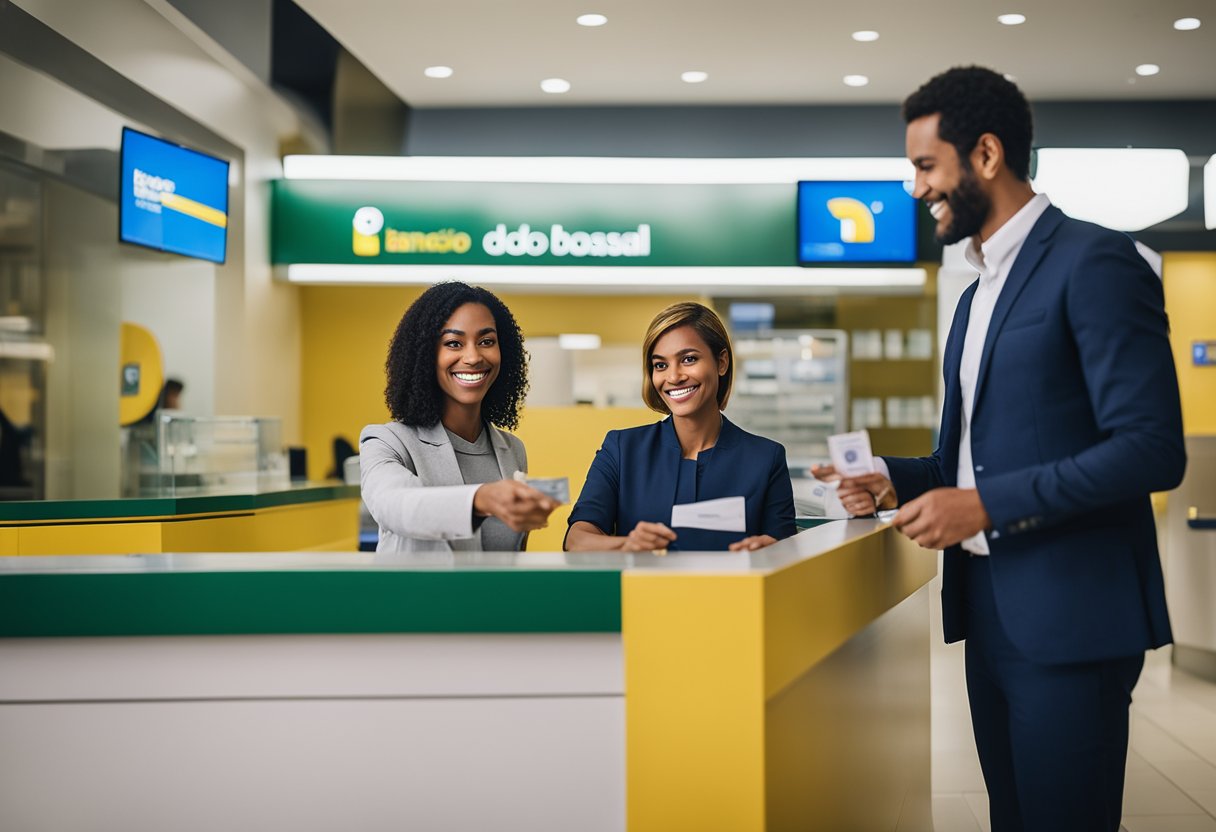 Um cliente em pé em uma agência do Banco do Brasil, entregando dinheiro a um caixa para um depósito imediato.