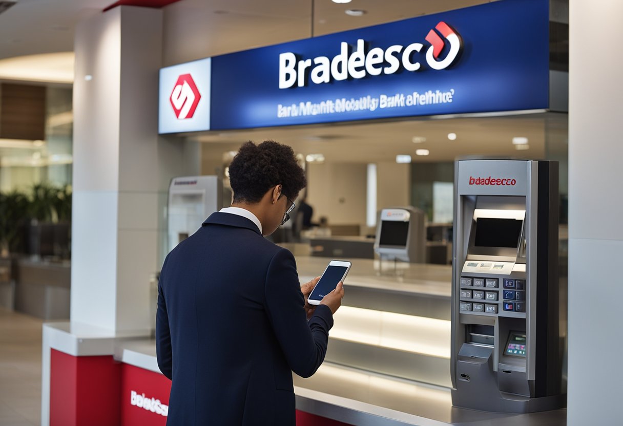 Uma pessoa usando um smartphone para fazer um depósito imediato em uma agência do banco Bradesco