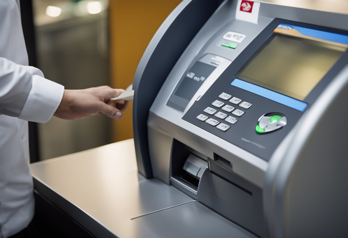 Uma pessoa insere um cheque em um caixa eletrônico do Bradesco, e a máquina processa o depósito imediatamente.