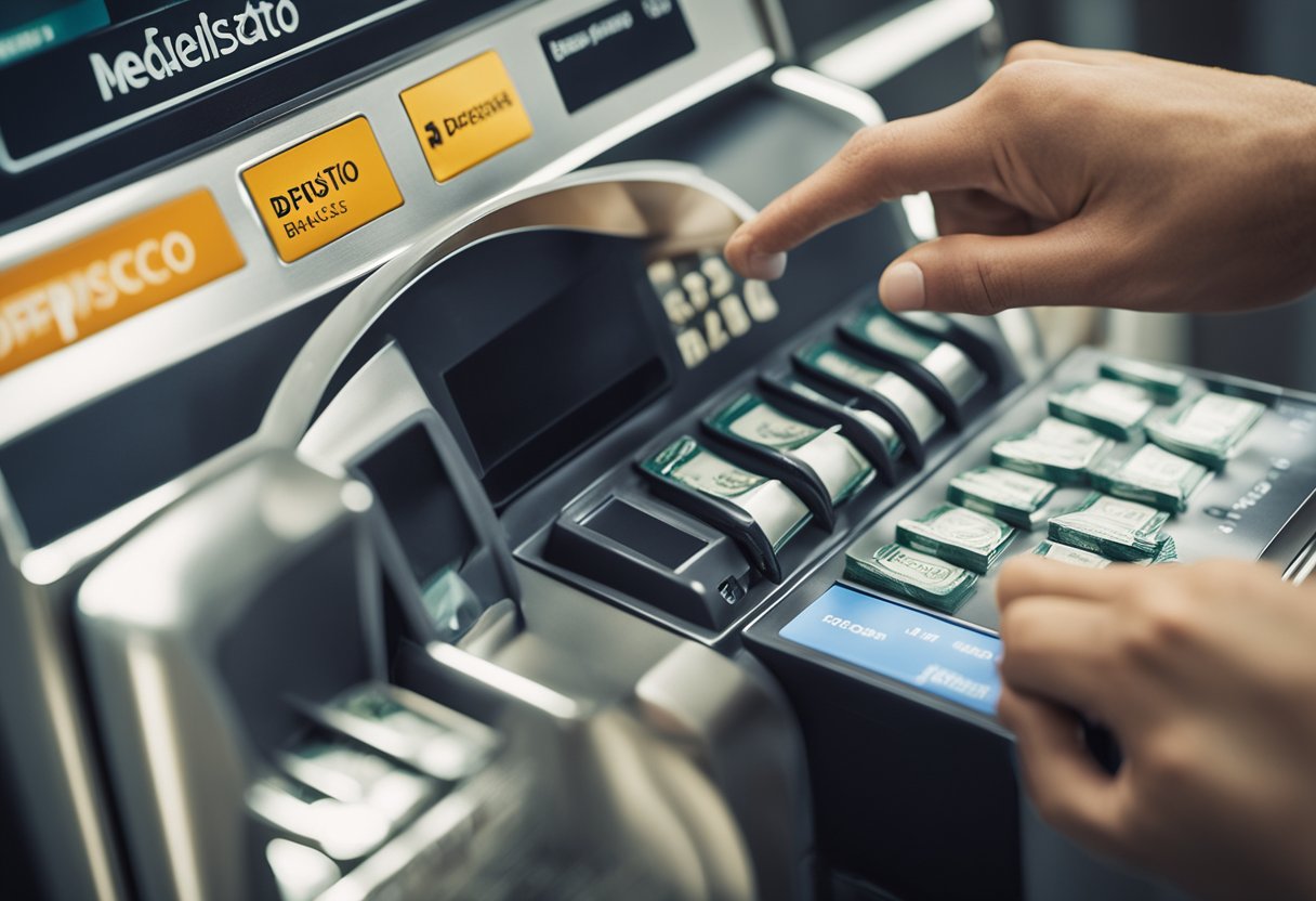 Uma mão se estendendo para inserir dinheiro em uma fenda rotulada "Depósito Imediato Bradesco" com um display digital mostrando o processo da transação