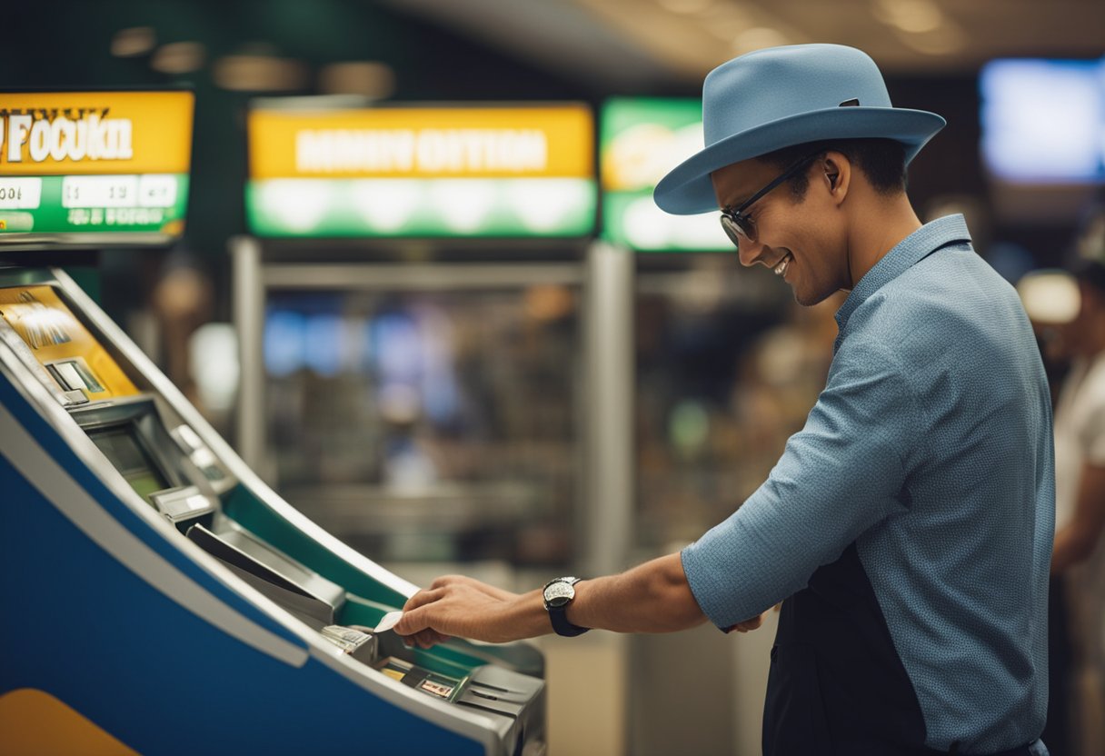 Uma pessoa está em um quiosque de loteria, inserindo dinheiro na fenda de depósito. O dinheiro está sendo processado instantaneamente e adicionado à sua conta.