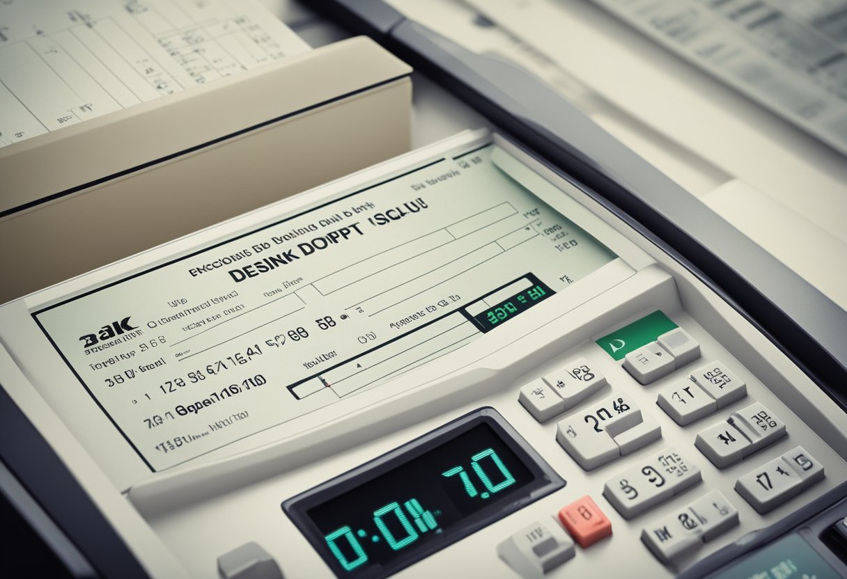 Um recibo de depósito bancário paira sobre uma interface digital, com um cronômetro contando regressivamente ao lado.