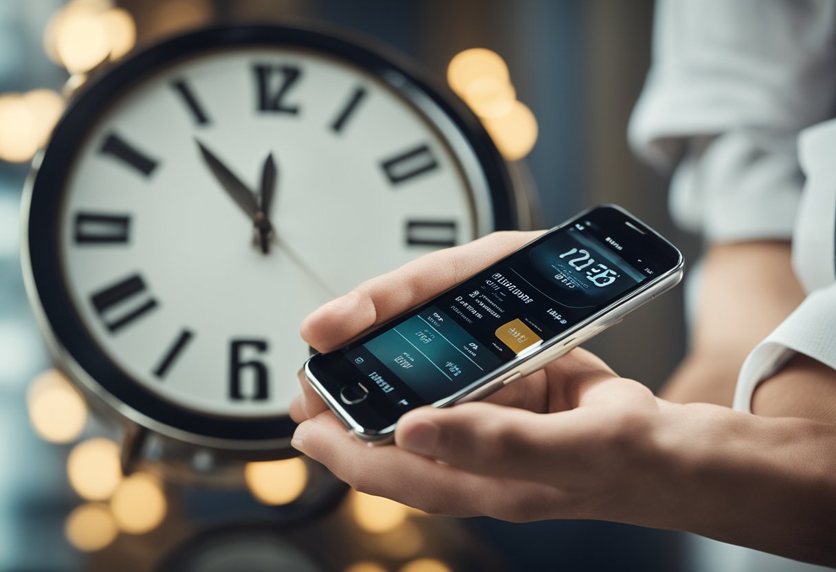 Uma pessoa segurando um boleto e um smartphone, com um relógio ao fundo mostrando a passagem do tempo