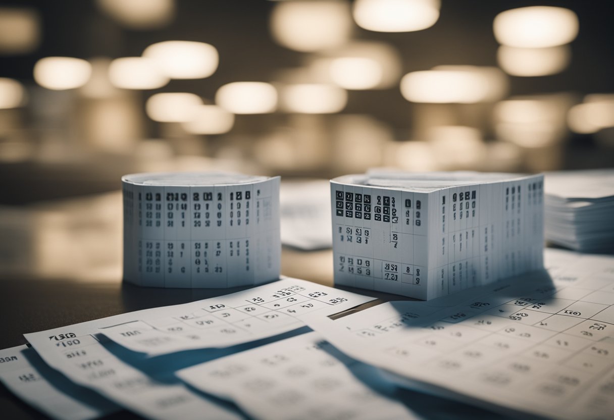 Um calendário com os dias passando, um relógio ticando e uma pilha de recibos de depósito bancário esperando para ser processada