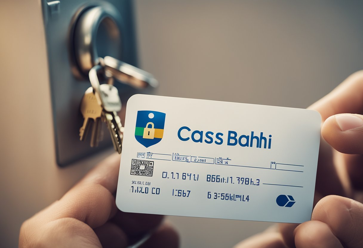 Uma mão alcançando um cartão trancado com o logo das Casas Bahia, uma chave pairando acima do cartão, pronta para desbloqueá-lo