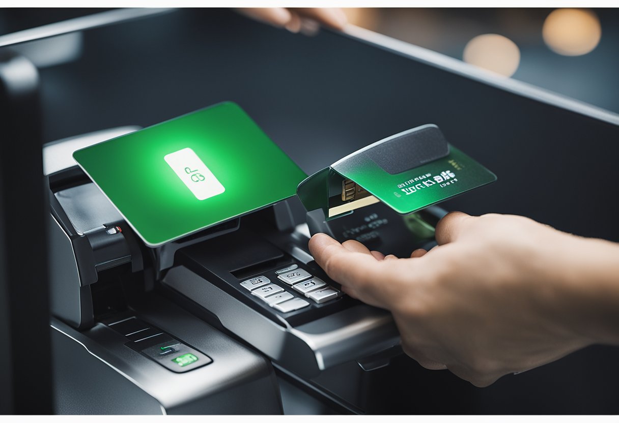 Uma mão segurando um cartão de crédito enquanto é inserido em um leitor de cartão, com uma luz verde indicando um desbloqueio bem-sucedido
