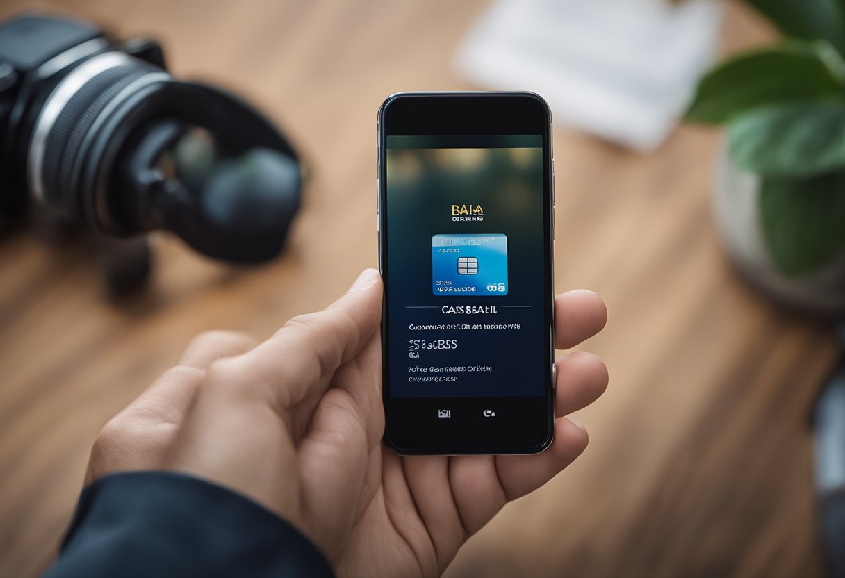 Uma mão segurando um cartão de crédito com o logo das Casas Bahia, enquanto um smartphone exibe instruções passo a passo para desbloquear o cartão
