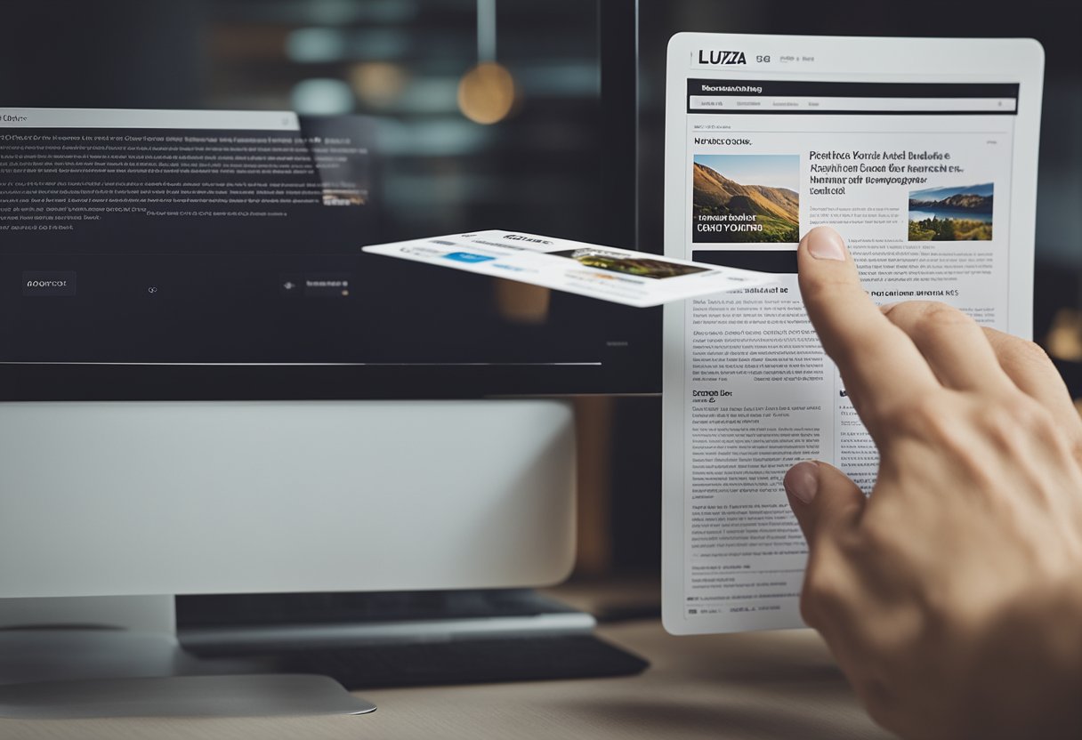 Uma mão alcançando um cartão de crédito na frente de uma tela de computador exibindo o site da Magazine Luiza