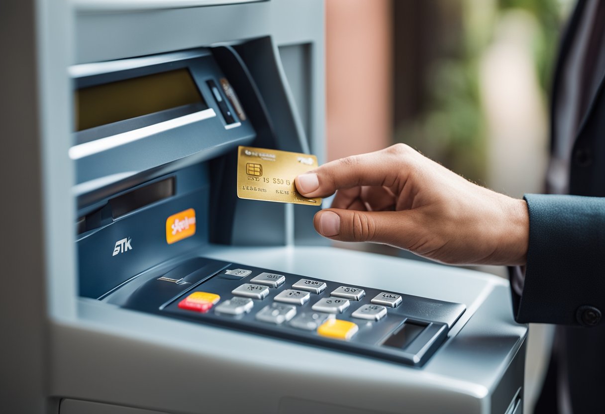 Uma mão inserindo um cartão de débito Santander na fenda de um caixa eletrônico
