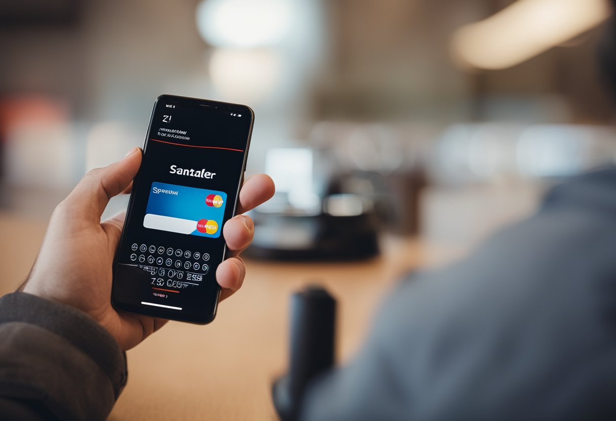Um cliente usando um telefone para desbloquear seu cartão de débito Santander