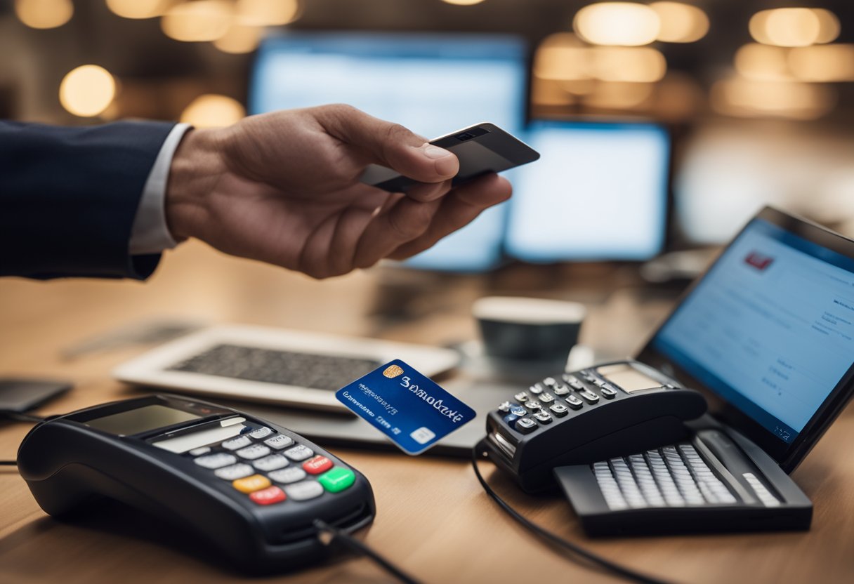 Uma mão reaching por um cartão de débito com o logo do Santander, ao lado de um smartphone e um computador, com um símbolo de cadeado ao fundo