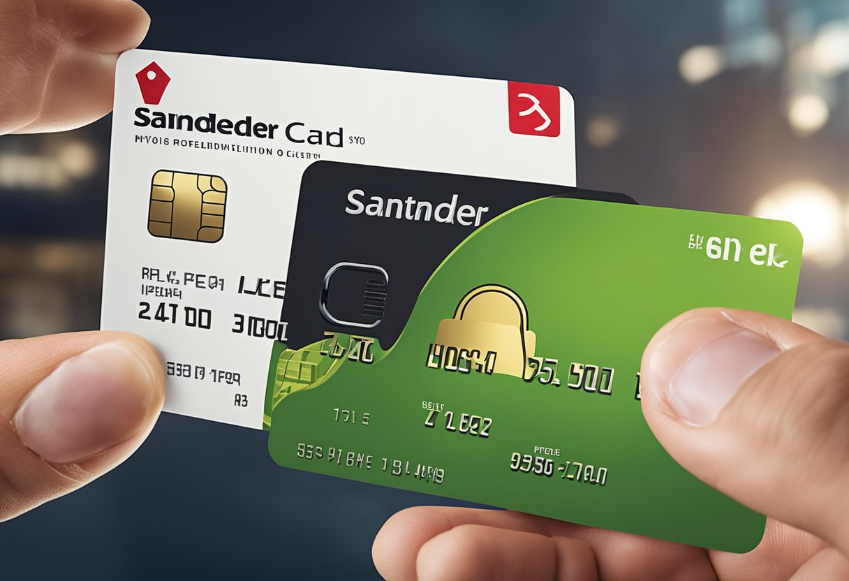 Uma mão alcançando um cartão Santander com um símbolo de cadeado, enquanto uma chave paira nas proximidades