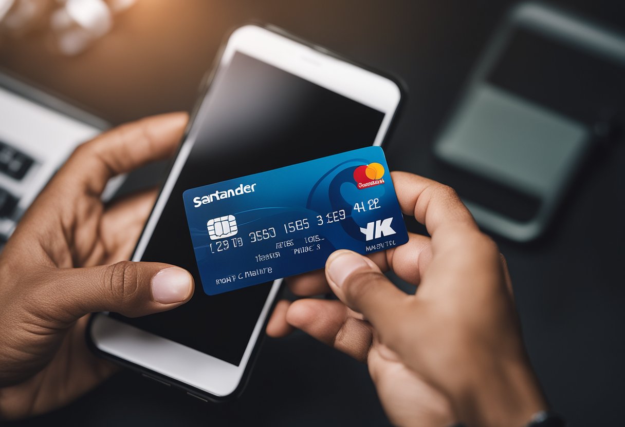Uma mão segurando um cartão de crédito Santander ao lado de um smartphone com o aplicativo Santander aberto, com uma marca de verificação indicando desbloqueio bem-sucedido.