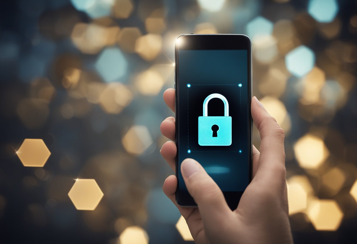 Uma mão se estendendo para tocar a tela de um smartphone com o logo do PIX exibido, enquanto um símbolo de cadeado está desbloqueado.