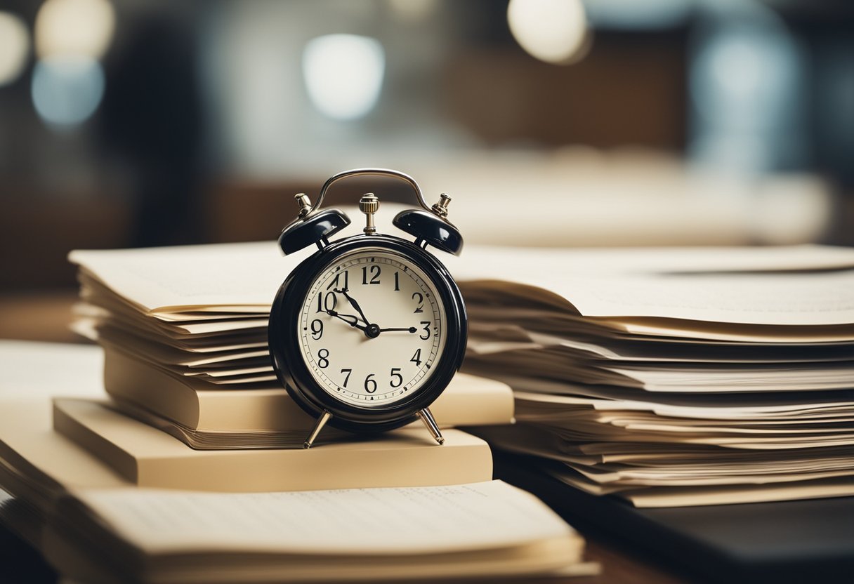 Uma pilha de documentos legais está sobre uma mesa, com um relógio na parede mostrando a passagem do tempo.