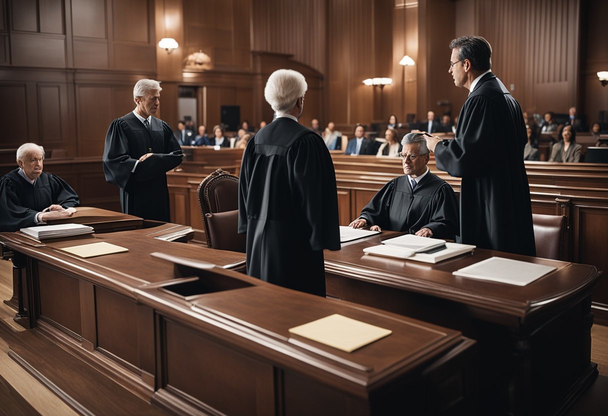 Uma cena de tribunal com um juiz presidindo um caso, advogados apresentando argumentos e um representante do banco discutindo o processo de desbloqueio de contas congeladas.