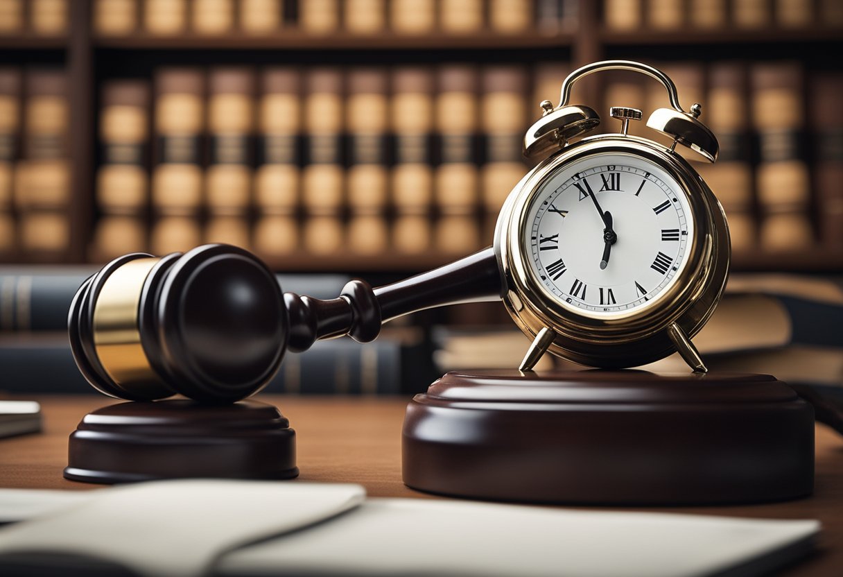 O martelo de um juiz batendo em uma mesa, com uma pilha de documentos e um relógio mostrando a passagem do tempo