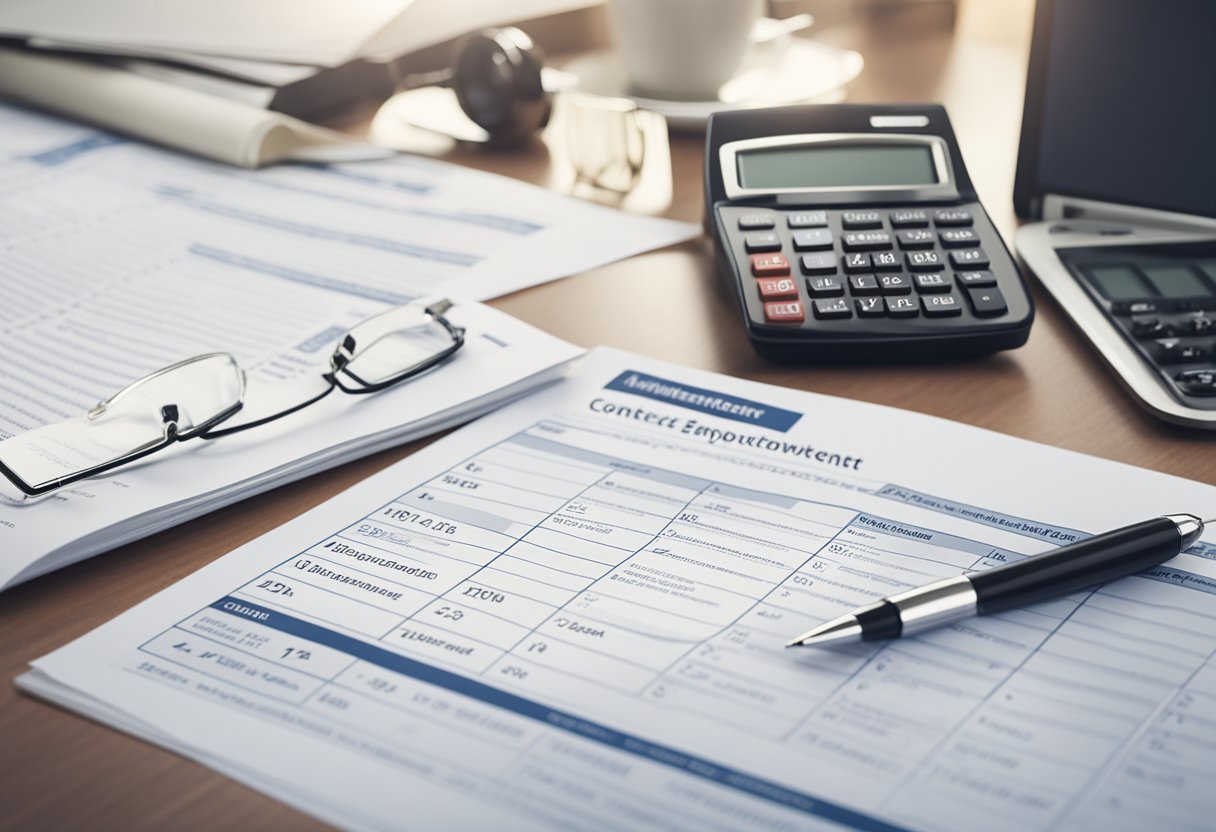 Um calendário com dias de trabalho e descanso alternados, uma calculadora e um documento de contrato com o título "Contrato de Trabalho Intermitente."
