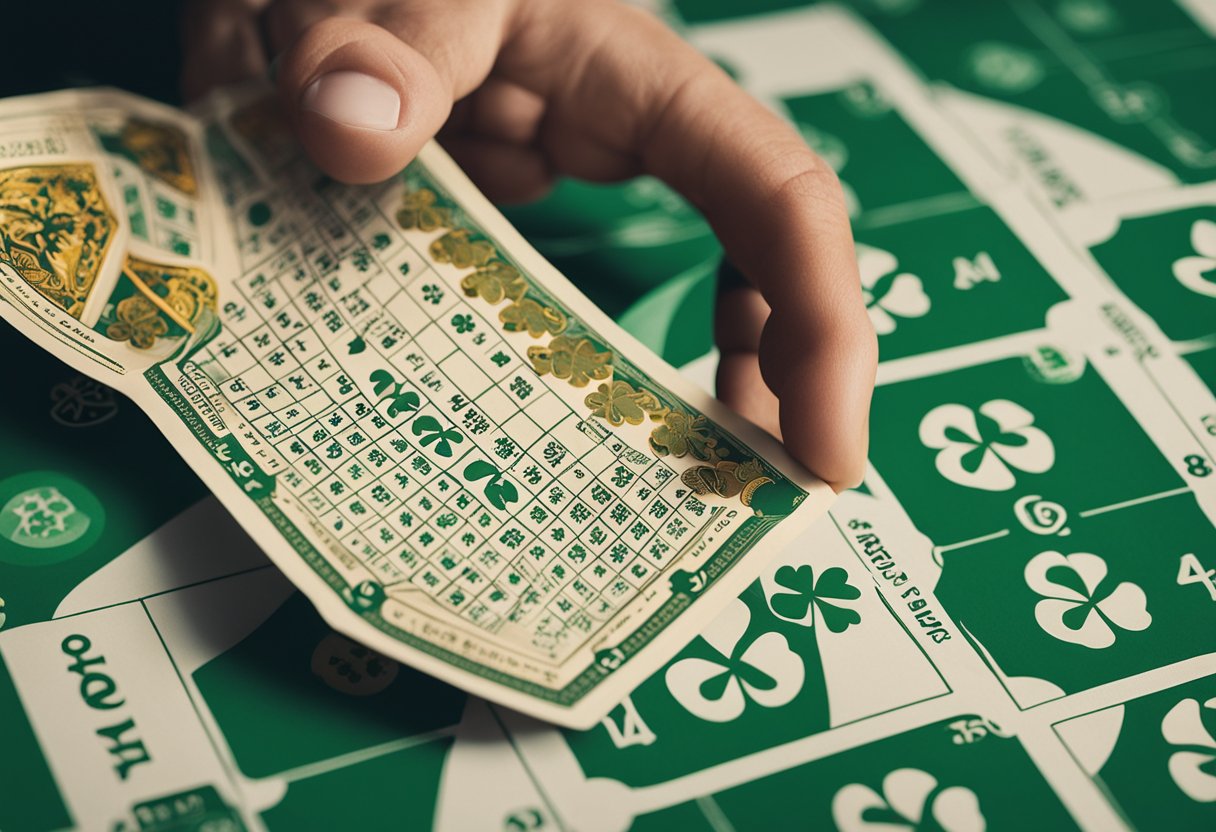 Uma mão segurando um bilhete de loteria com a grade do jogo Lotofácil visível, cercada por símbolos de sorte como trevos de quatro folhas e ferraduras